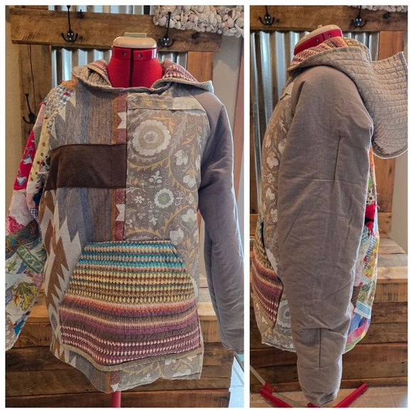Don't Throw It Out Jackets & Blazers - Upcycled Quilt Hoodie M Handmade Hidden Pocket Dont Throw It Out